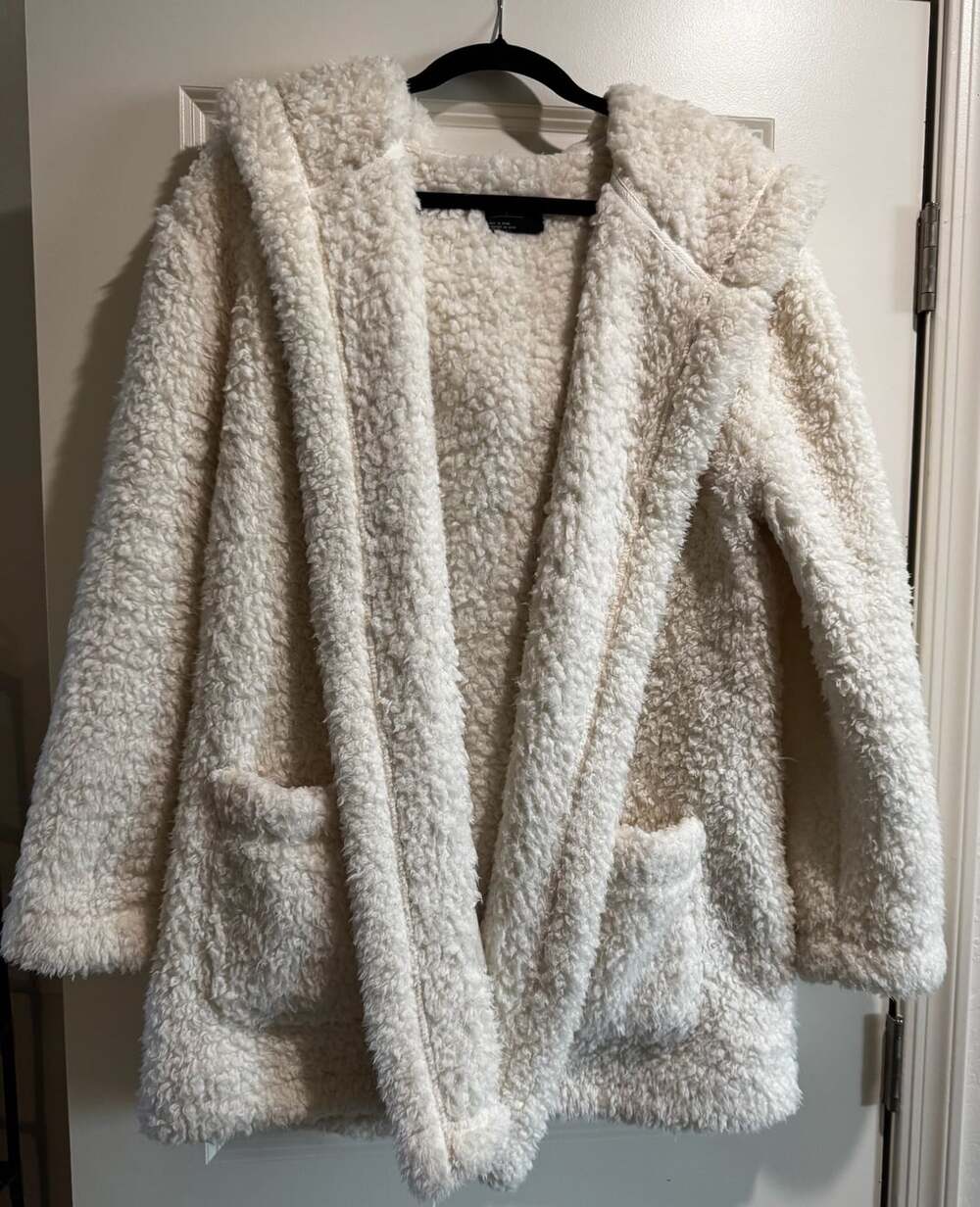 Free Press Women's Cream Faux Shearling Hooded Jacket Size L